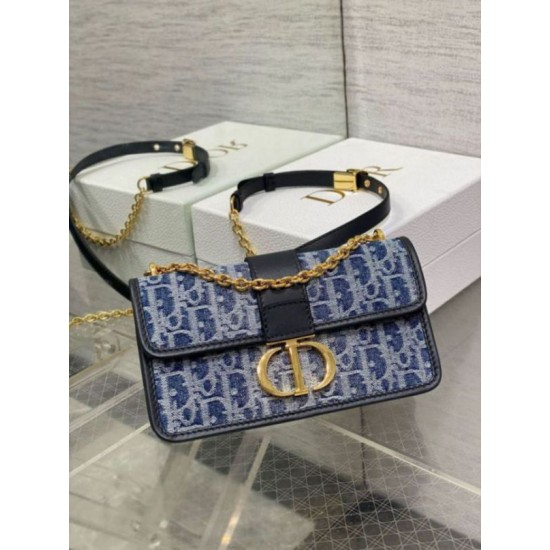 Replica Dior 30 Montaigne East-West Bag with Chain Blue Denim Oblique Jacquard