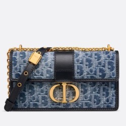 Replica Dior 30 Montaigne East-West Bag with Chain Blue Denim Oblique Jacquard