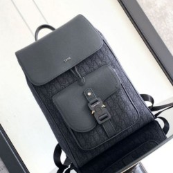 Fake Dior Saddle Backpack with Flap Black Oblique Jacquard Replica