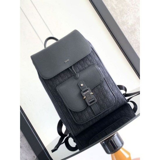 Fake Dior Saddle Backpack with Flap Black Oblique Jacquard Replica