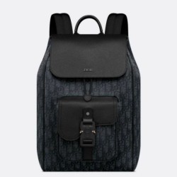 Fake Dior Saddle Backpack with Flap Black Oblique Jacquard Replica