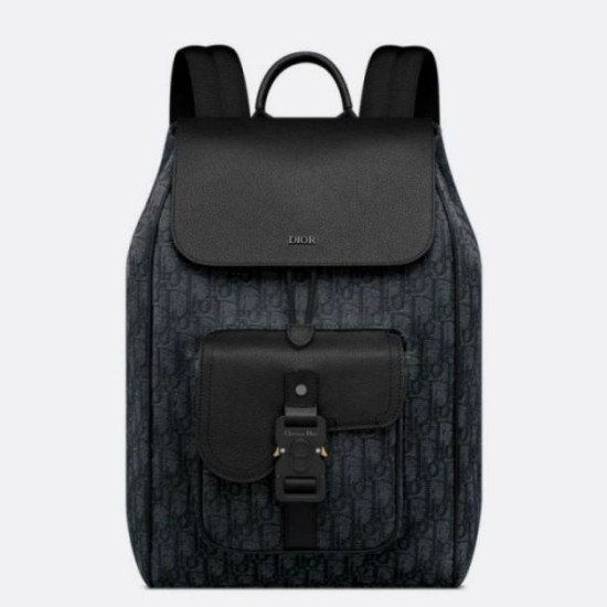 Fake Dior Saddle Backpack with Flap Black Oblique Jacquard Replica