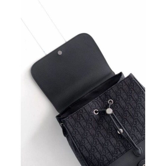 Fake Dior Saddle Backpack with Flap Black Oblique Jacquard Replica
