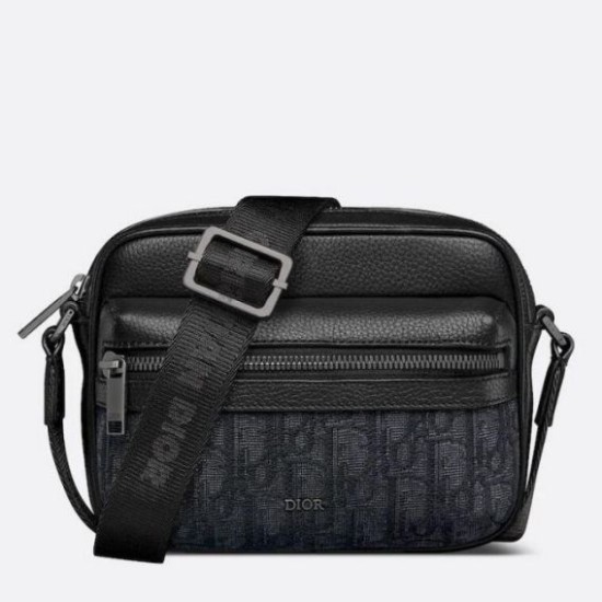 Replica Dior Mini Rider 2.0 Zipped Messenger Bag Black Oblique with Black Leather