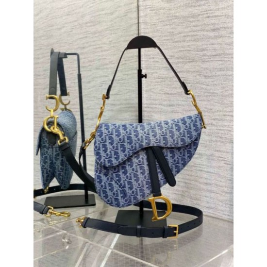 Fake Dior Saddle Bag with Strap Blue Denim Oblique Jacquard Replica