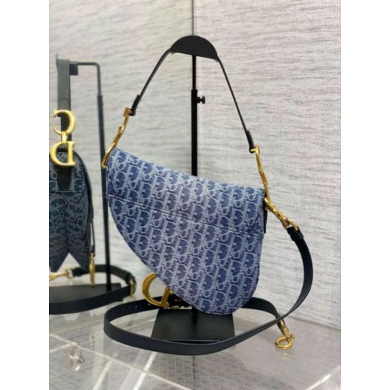 Fake Dior Saddle Bag with Strap Blue Denim Oblique Jacquard Replica