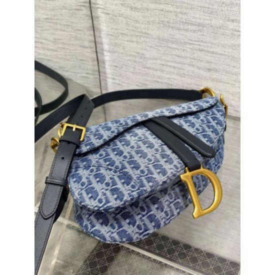 Fake Dior Saddle Bag with Strap Blue Denim Oblique Jacquard Replica