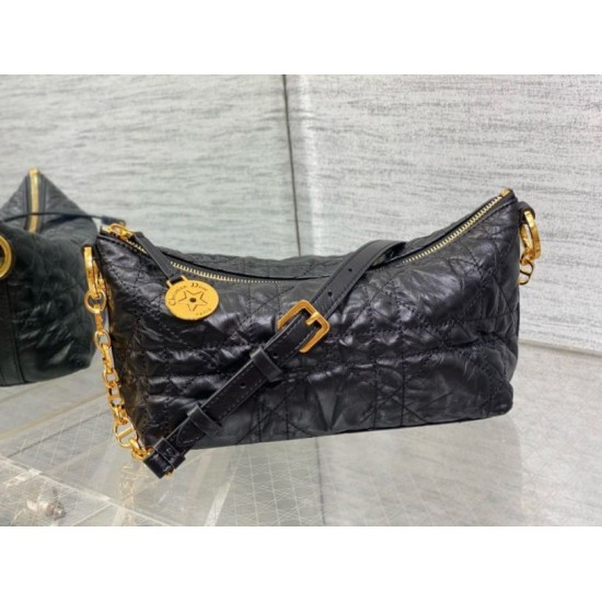 Replica Dior Diorstar Hobo Bag with Chain Black Crinkled Calfskin