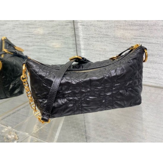 Replica Dior Diorstar Hobo Bag with Chain Black Crinkled Calfskin