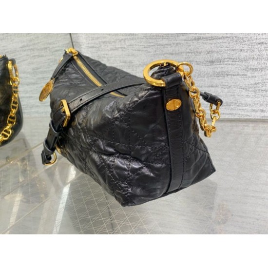 Replica Dior Diorstar Hobo Bag with Chain Black Crinkled Calfskin