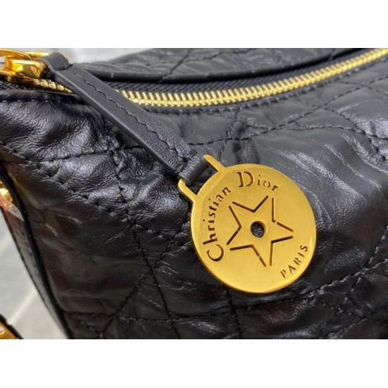 Replica Dior Diorstar Hobo Bag with Chain Black Crinkled Calfskin