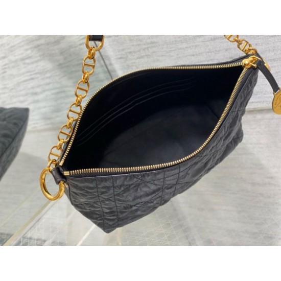 Replica Dior Diorstar Hobo Bag with Chain Black Crinkled Calfskin