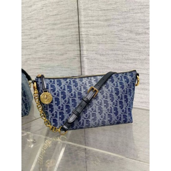 Replica Dior Diorstar Hobo Bag with Chain Blue Denim Oblique Jacquard