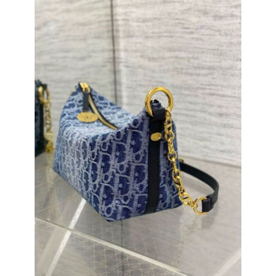 Replica Dior Diorstar Hobo Bag with Chain Blue Denim Oblique Jacquard