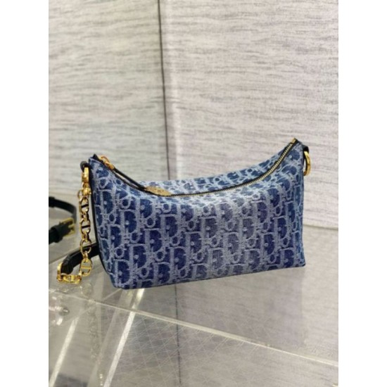 Replica Dior Diorstar Hobo Bag with Chain Blue Denim Oblique Jacquard