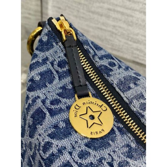 Replica Dior Diorstar Hobo Bag with Chain Blue Denim Oblique Jacquard