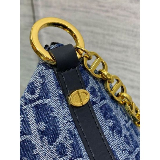 Replica Dior Diorstar Hobo Bag with Chain Blue Denim Oblique Jacquard