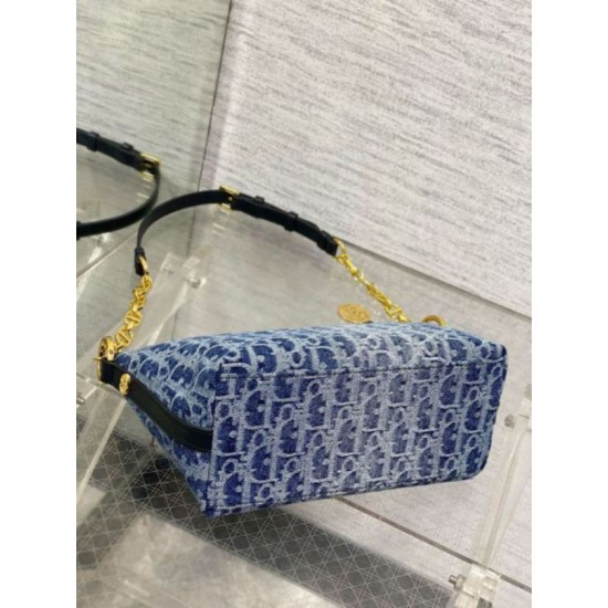 Replica Dior Diorstar Hobo Bag with Chain Blue Denim Oblique Jacquard