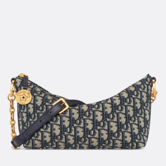 Fake Dior Diorstar Hobo Bag with Chain Blue Oblique Jacquard Replica