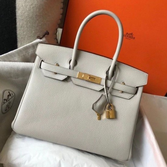 Replica Hermes Pearl Grey Clemence Birkin 30cm Bag GHW