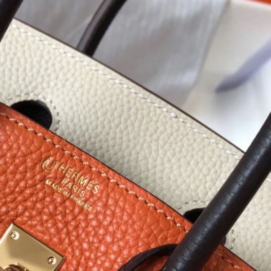 Fake Hermes Tri-Color Birkin 35cm Bag Orange/White/Black Clemence  Replica