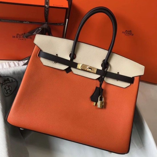 Fake Hermes Tri-Color Birkin 35cm Bag Orange/White/Black Clemence  Replica