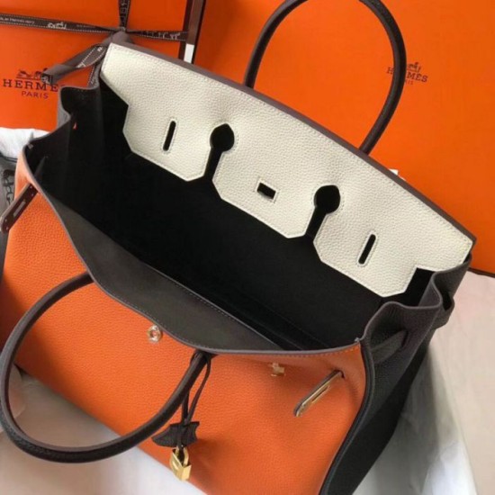 Fake Hermes Tri-Color Birkin 35cm Bag Orange/White/Black Clemence  Replica