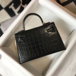 Fake Hermes Kelly Mini II Bag Black Embossed Crocodile  Replica