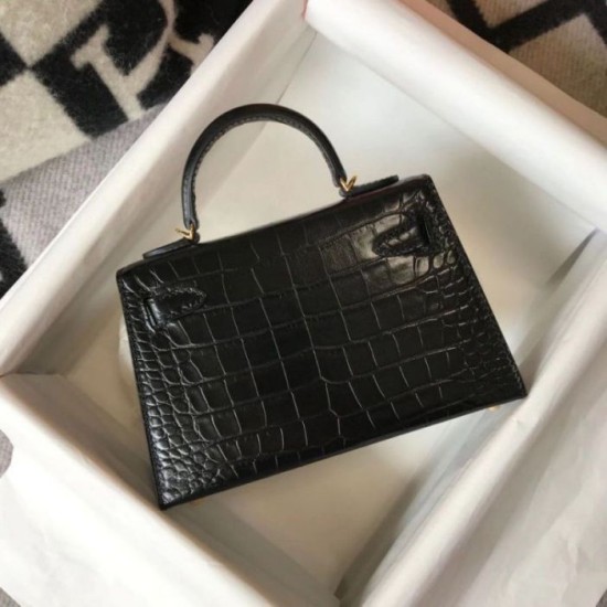 Fake Hermes Kelly Mini II Bag Black Embossed Crocodile  Replica