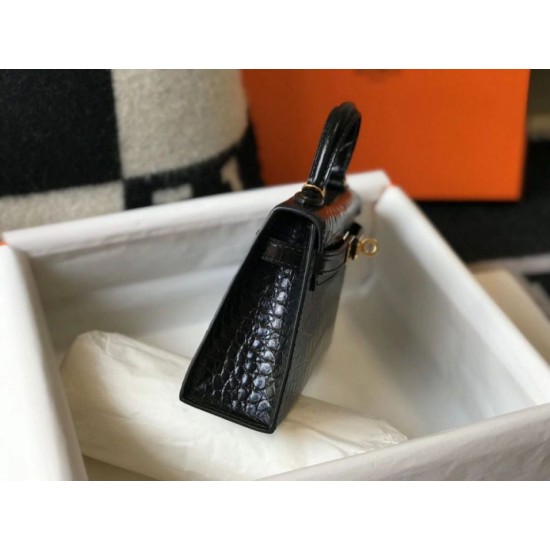 Fake Hermes Kelly Mini II Bag Black Embossed Crocodile  Replica