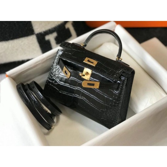 Fake Hermes Kelly Mini II Bag Black Embossed Crocodile  Replica