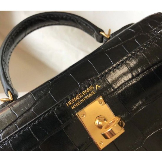 Fake Hermes Kelly Mini II Bag Black Embossed Crocodile  Replica