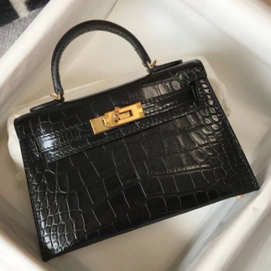 Fake Hermes Kelly Mini II Bag Black Embossed Crocodile  Replica