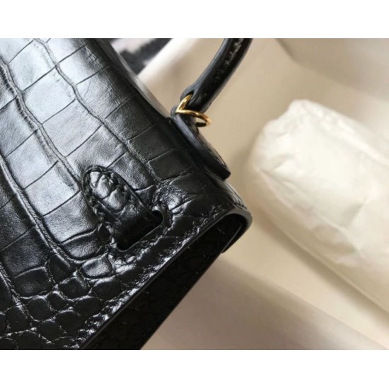 Fake Hermes Kelly Mini II Bag Black Embossed Crocodile  Replica