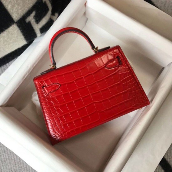 Fake Hermes Kelly Mini II Bag Red Embossed Crocodile  Replica