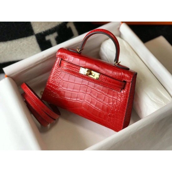 Fake Hermes Kelly Mini II Bag Red Embossed Crocodile  Replica