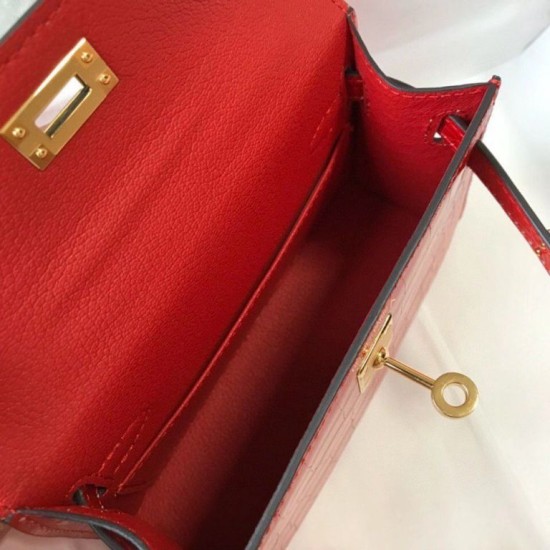 Fake Hermes Kelly Mini II Bag Red Embossed Crocodile  Replica