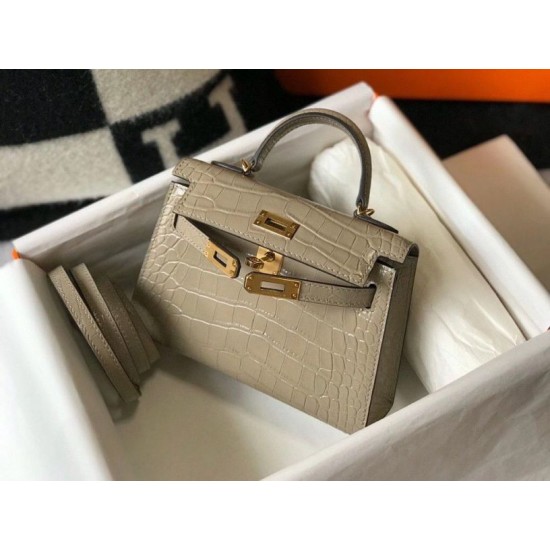 Replica Hermes Kelly Mini II Bag Taupe Embossed Crocodile 