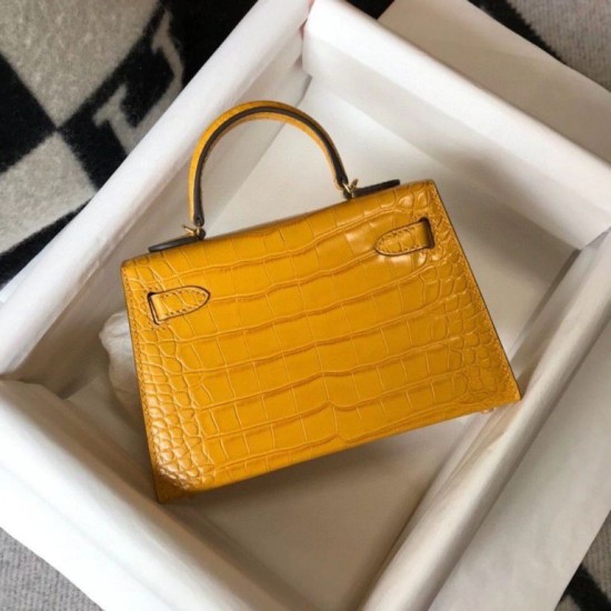 Replica Hermes Kelly Mini II Bag Yellow Embossed Crocodile 