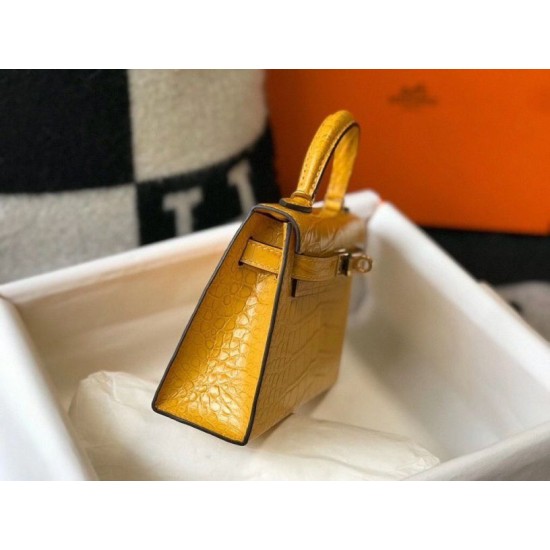 Replica Hermes Kelly Mini II Bag Yellow Embossed Crocodile 