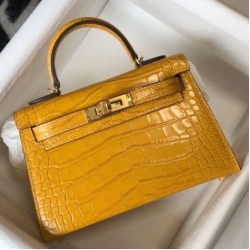 Replica Hermes Kelly Mini II Bag Yellow Embossed Crocodile 