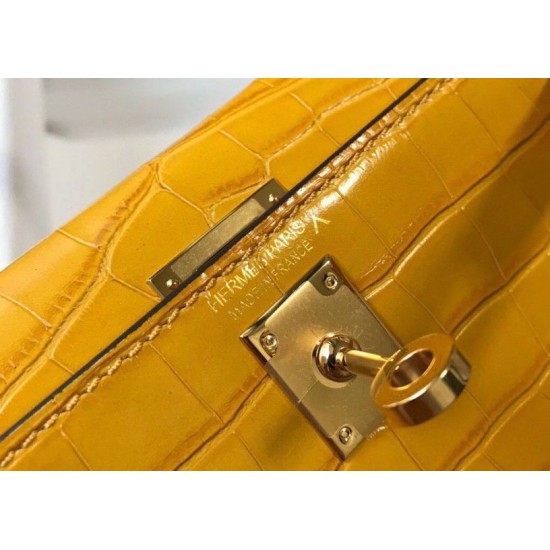 Replica Hermes Kelly Mini II Bag Yellow Embossed Crocodile 