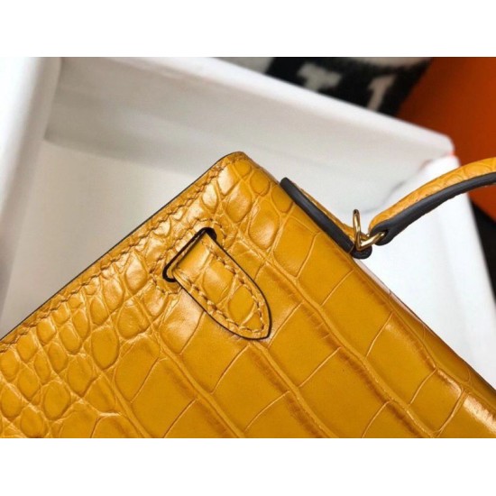 Replica Hermes Kelly Mini II Bag Yellow Embossed Crocodile 