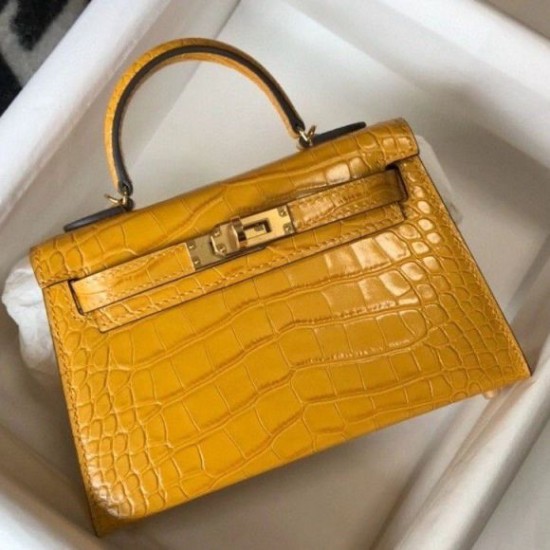 Replica Hermes Kelly Mini II Bag Yellow Embossed Crocodile 