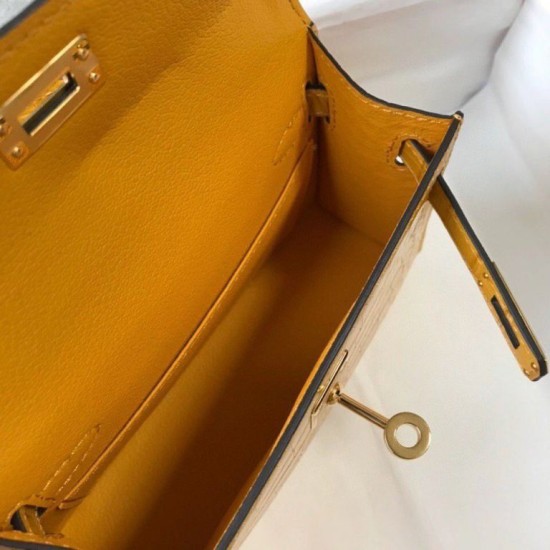 Replica Hermes Kelly Mini II Bag Yellow Embossed Crocodile 