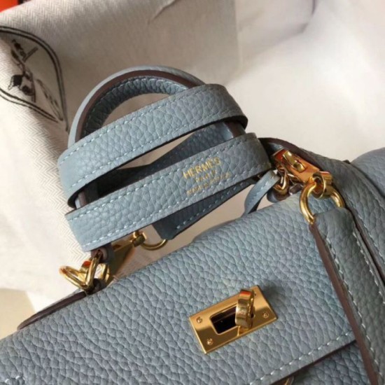 Fake Hermes Mini Kelly 20cm Bag Blue Lin Clemence  Replica