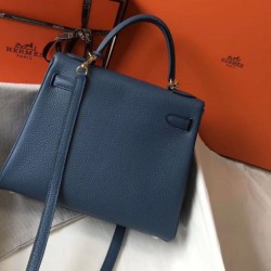 Replica Hermes Kelly 28cm Retourne Bag Blue Agate Clemence 