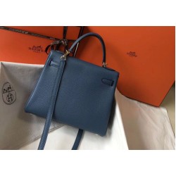 Replica Hermes Kelly 28cm Retourne Bag Blue Agate Clemence 