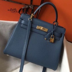 Replica Hermes Kelly 28cm Retourne Bag Blue Agate Clemence 