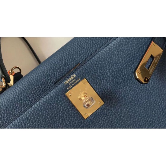 Replica Hermes Kelly 28cm Retourne Bag Blue Agate Clemence 